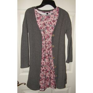 MOON & STARS Girls Sz 7/8 Floral Tiered Dress & Gray Cardigan Sweater 2 Pc Set